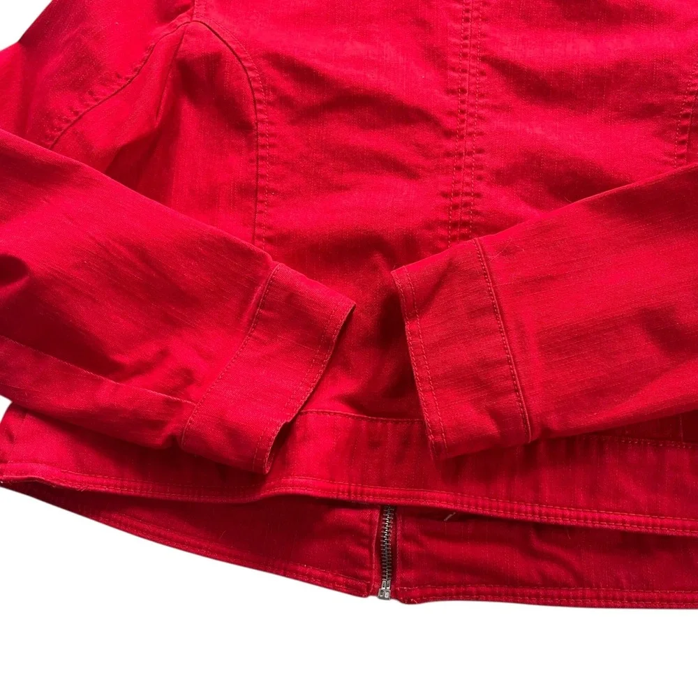 Jessica London Women 14 Red Denim Cotton Blend Full Zip Ruffle Front Jean Jacket